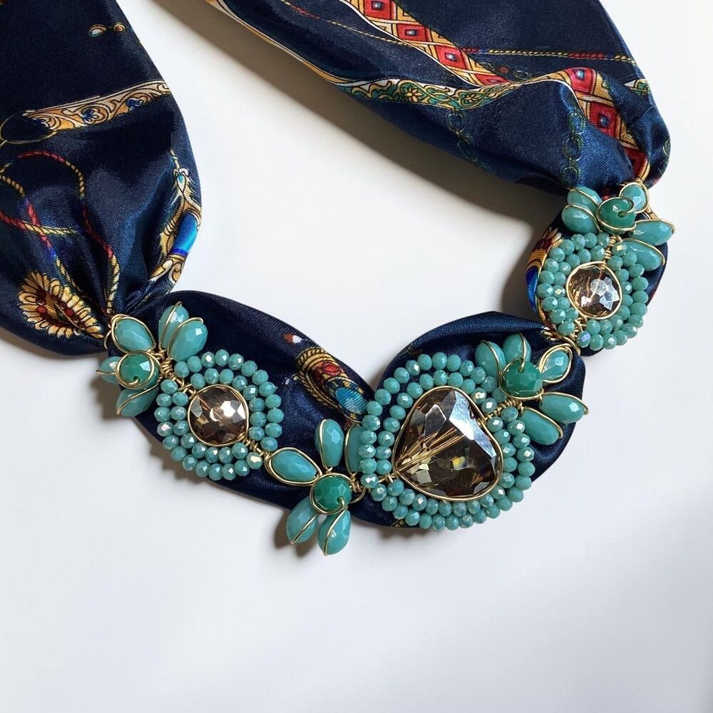 Artisan Mexican Navy Satin Scarf Headband Handmade Crystal Turquoise Beaded NEW